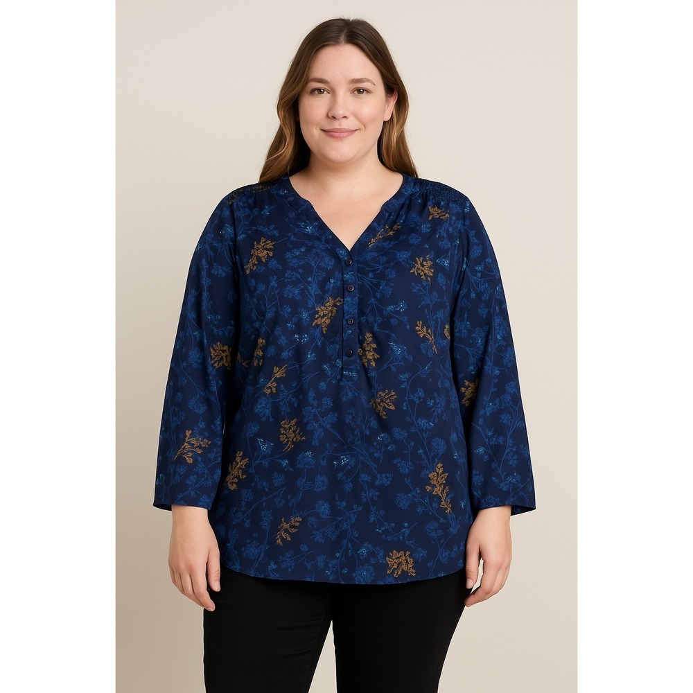 Sara Morgan Womens Blouse Tunic Blue Floral Tab Roll Sleeve Henley Neck Size XL‎
